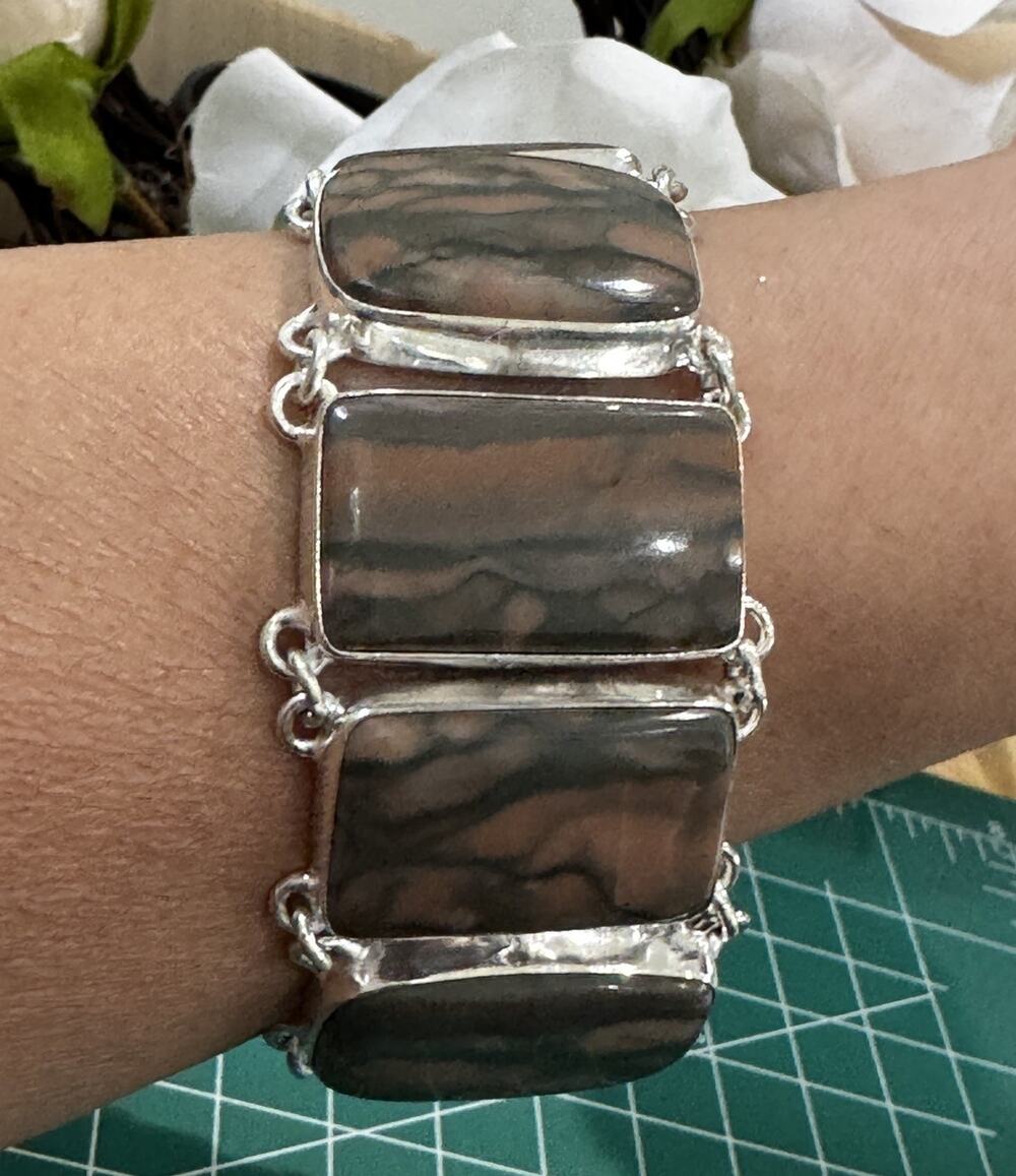Vintage Sterling Silver Peanut Wood Jasper Bracelet 58g 7 - 8” Large Stone 925